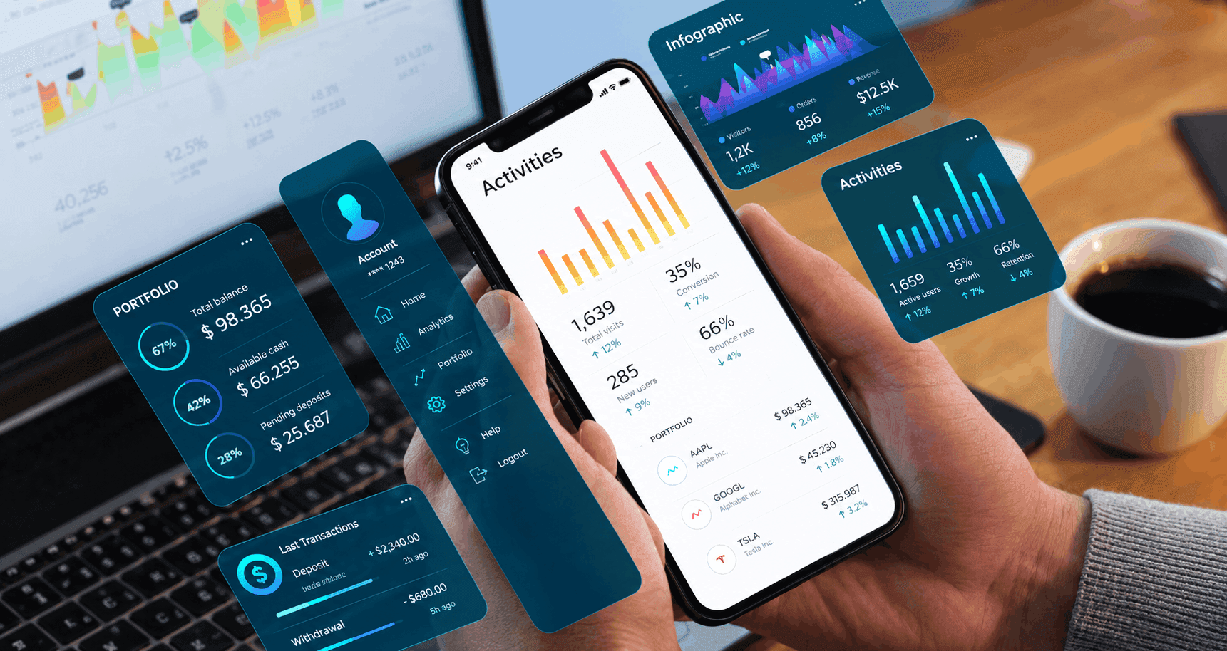 Fintech analytics dashboard and blockchain transaction view on a laptop in a New York office, showing fintech app development work