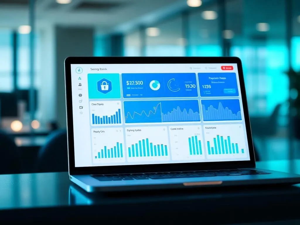 Modern fintech analytics dashboard on a laptop in a corporate office, illustrating fintech development capabilities