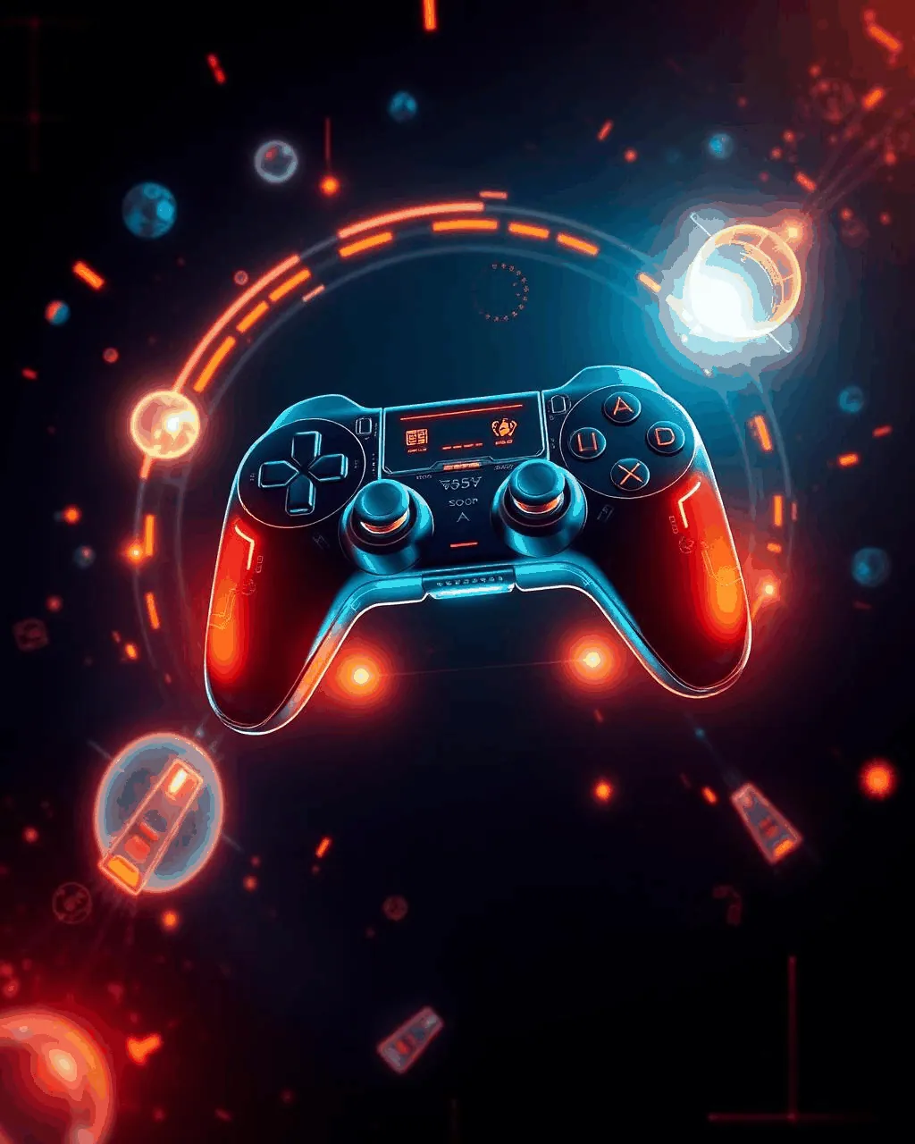 Glowing game controller surrounded by holographic UI